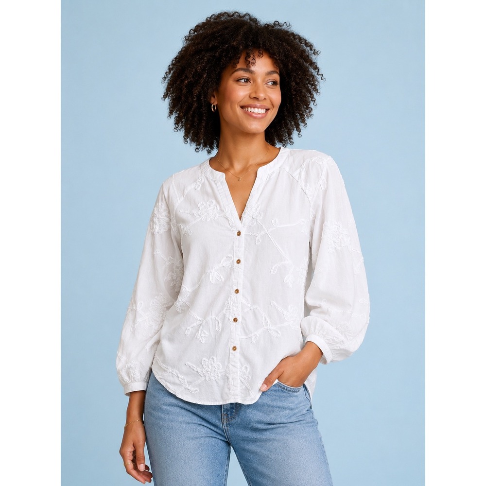 Hester & Orchard White Embroidered Floral Button Front L Cotton Peasant Boho